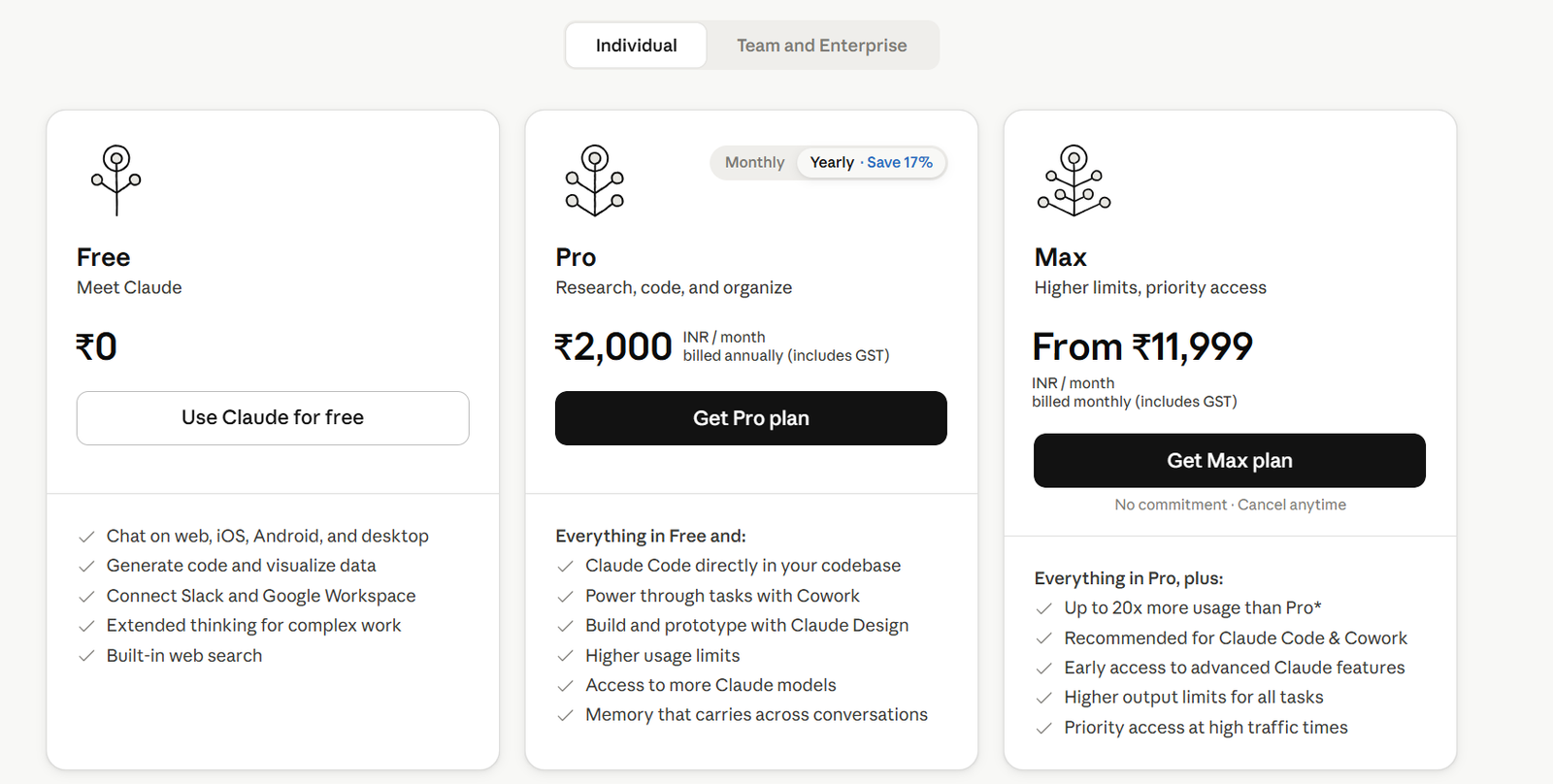 Claude pricing screenshot